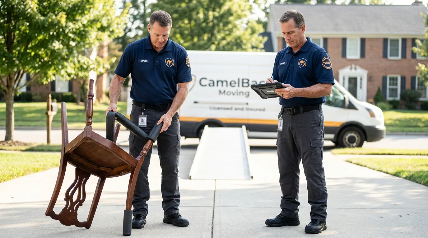 Movers inspecting furniture for damage prevention before loading in Selmer, TN