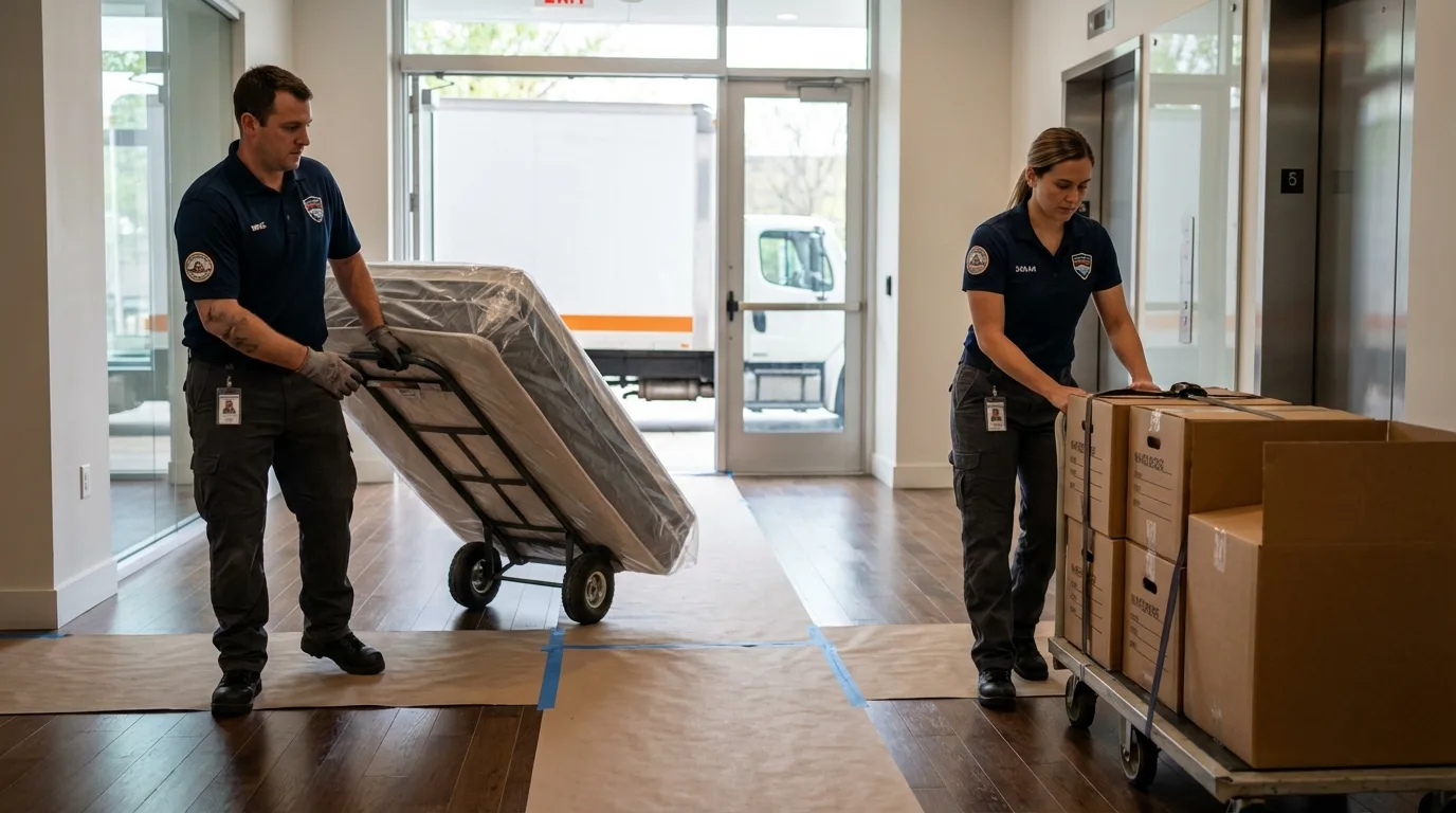 Professional apartment movers loading elevator in Selmer, TN