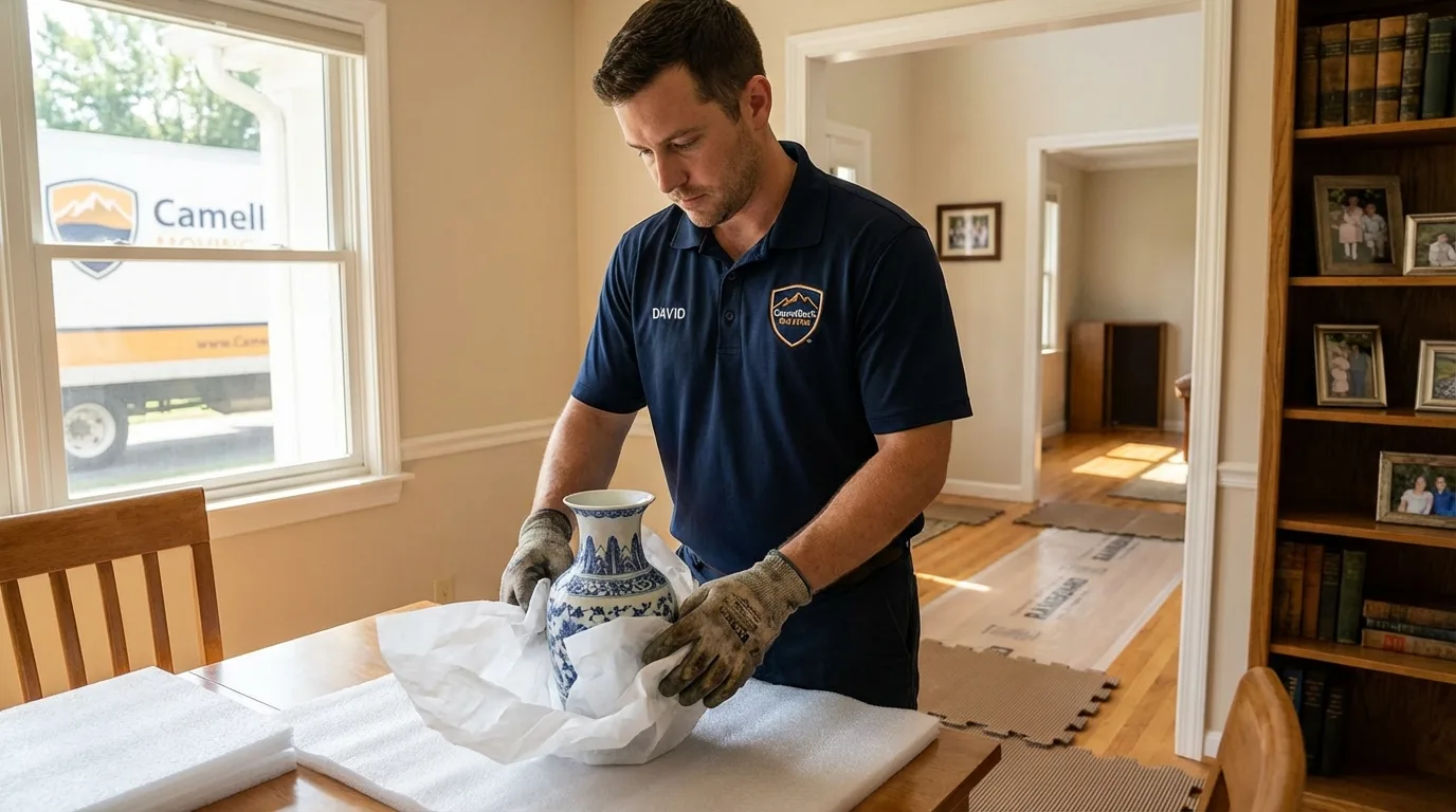 Professional crew carefully wrapping antique vase for senior downsizing move in Selmer, TN