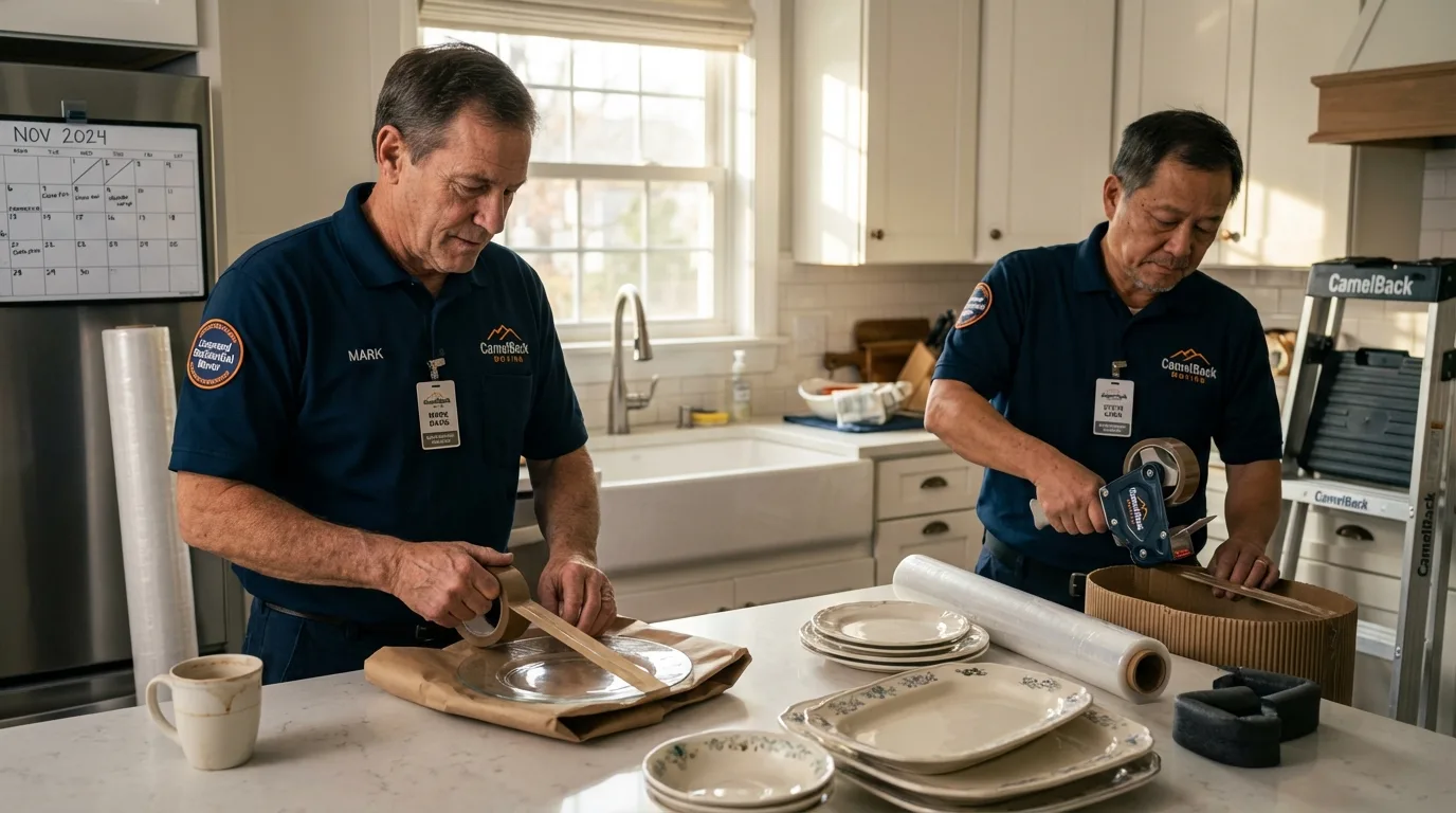 Professional crew packing kitchen dishware in Selmer, TN